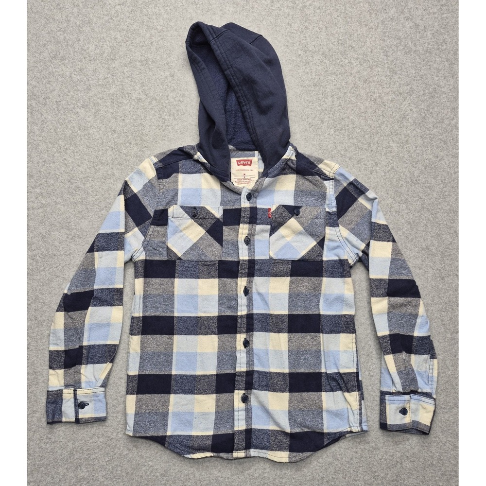 Levi's Jacket Womens M 8 Plaid Blue White Hooded Button Up Cotton Long Sleeve